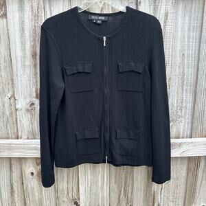 Evelyn & Arthur Womens Black Zip Knit Sweater 4 Front Pockets Boutique Classic S